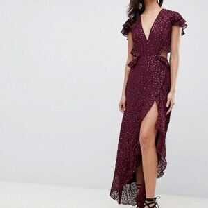 ASOS DESIGN Ruffle Maxi Dress With Open Back in All Over Sequin Size 14